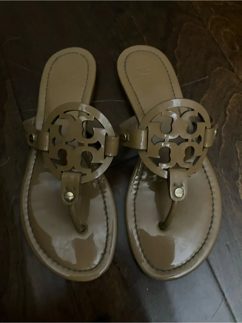 Tory Burch Glossy Tan Logo Thong Sandals